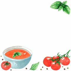 Frame from tomato puree soup, red tomato cherry, peppercorns and green basil on white background. Watercolor illustration. Template for design banner, cards, flyers.