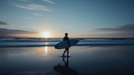 Surfer Walking at Sunset on Beach