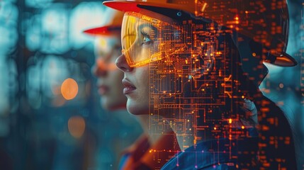 Two engineers in safety gear working with futuristic technology overlay, depicting industrial innovation and augmented reality in engineering.