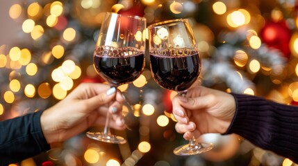  Two individuals raise glasses of red wine toward each other, framed by a Christmas tree illuminated by twinkling lights A softly blurred foreground enhances the festive scene'