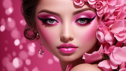 Fototapeta premium portrait of a woman with pink lips and flowers