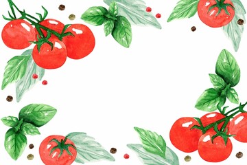 Frame from red tomato cherry, peppercorns and green basil on white background. Watercolor illustration. Vegetables and herbs for cooking delicious dishes. Template for design banner, cards, flyers.