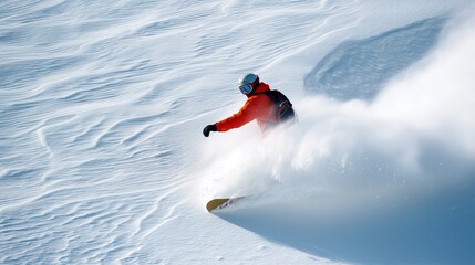 An action shot of a snowboarder carving a turn on a pristine snowy slope with a spray of snow