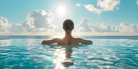 Mujer caucasica de espaldas en una piscina infinita con agua clar ay azul mirando al mar y al son en un atardecer con nubes hermosas