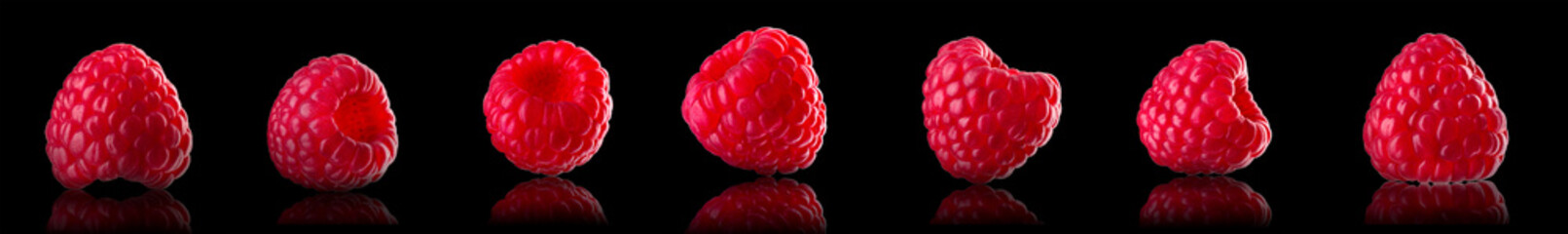 Set of macro photo of raspberry isolated on black background