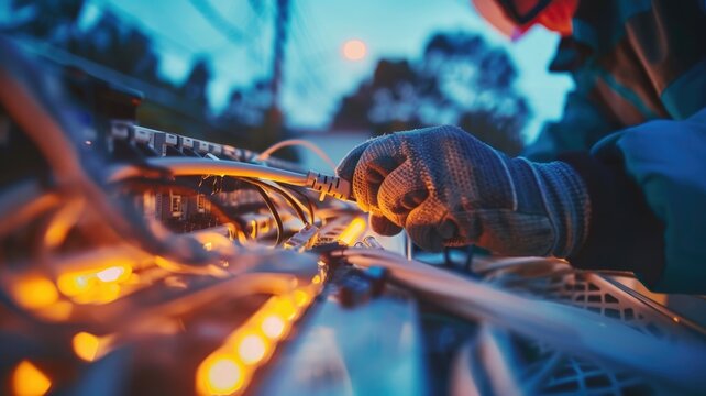 technician installing a ROADM (Reconfigurable Optical Add-Drop Multiplexer) in a network facility for dynamic wavelength routing