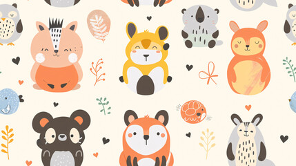 seamless playful animal wrapping wallpaper showcasing various cute animals with several cute element