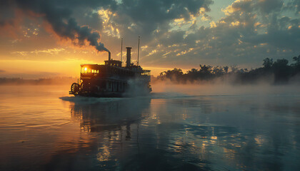 Recreation of old steamboat crossing a river at sunset