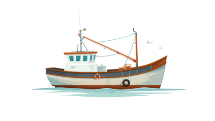 Fishing boat, vector illustration on transparent background, flat design,