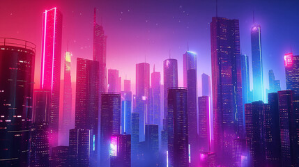 Fototapeta premium A cityscape with neon lights and a pinkish purple sky