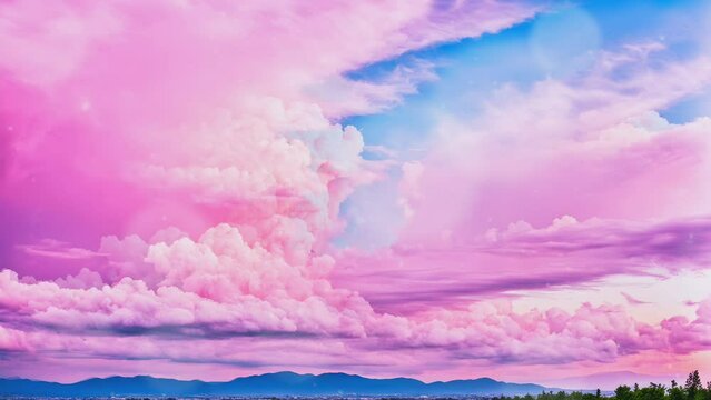 Animated pink clouds. Background with vanilla sky. Camera moving through pink clouds stops for a while and moving again to pink world
