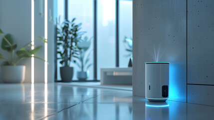 A white and blue device with a blue light on it sits on a white floor