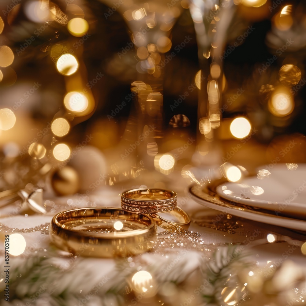 Wall mural  A few wedding rings atop a table Nearby, a place setting with a knife, fork, and a glass of wine A bottle of wine completes the scene