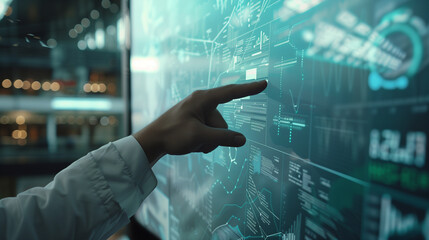 A person is pointing at a computer screen with a green background