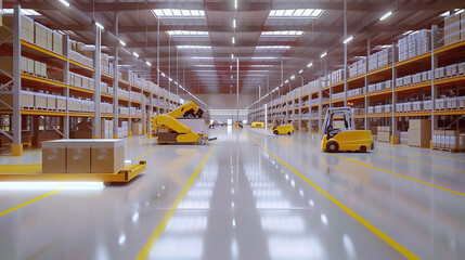Fototapeta premium A large warehouse with a yellow forklift in the middle of the room