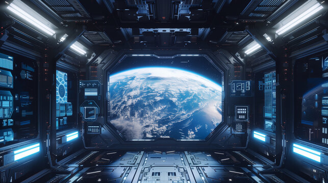 A space shuttle is shown with a view of the Earth from the inside