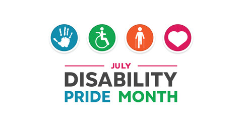 Disability Pride Month. Hand, people icon and heart.  Great for cards, banners, posters, social media and more. White background.  
