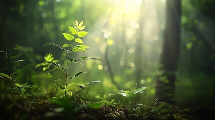  A tight shot of a forest plant bathed in sunlight, trees framing its surroundings, leaves on the ground and those in the foreground illuminated