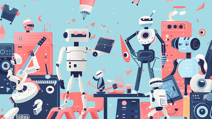 A cartoon of robots in a room with a table in the middle