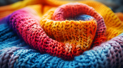 Homemade knit sweater with colorful rainbow colors