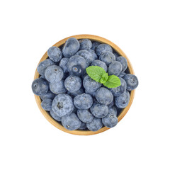 Blueberries in Wood Bowl on Transparent Background Isolated, Top View