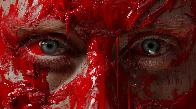  A close-up of a woman's face, entirely covered in red paint Her eyes are also obscured by the paint