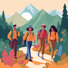 Fototapeta premium Friends Hiking in Scenic Mountain Landscape