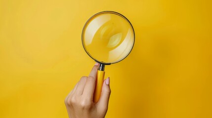  A hand holds a magnifying glass hovering above a yellow backdrop, the other hand cradles the magnifying glass as if examining an object or eye within
