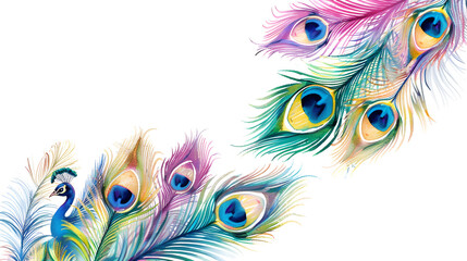 Obraz premium 3d rending, colorful bright blooming peacock feather on white background, abstract Colored peacock feathers, Multicolored beautiful bird feather, illustration