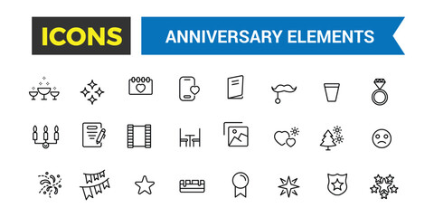 Party, celebration, anniversary icon set. Outline icons pack. Editable vector icon and illustration.