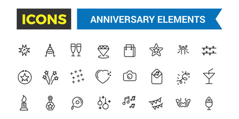 Party, celebration, anniversary icon set. Outline icons pack. Editable vector icon and illustration.