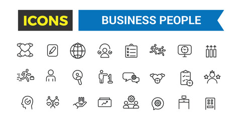 Business people, human resources, office management icon set. Outline icons pack. Editable vector icon and illustration.