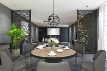 3d render of interior design living and dining room mock up, industrial modern between cnc geometric screen. Gray concrete floor, gray wall and white ceiling finish. Set 5