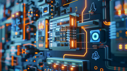 Fototapeta premium The computer chip is shown in bright orange. The chip consists of many small parts and is surrounded by a blue background