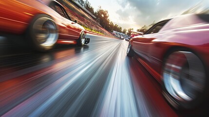 The exhilaration of motorsport is evident as two sports cars race neck-and-neck on a race track