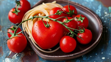 A close-up of a plate filled with pasta topped with ripe tomatoes Below, more tomatoes rest on the plate