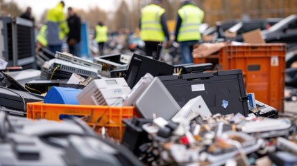 electronic waste collection event where items tagged with P-IoT devices are automatically sorted and directed for proper recycling or refurbishment
