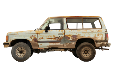 Vintage Rusty 1990s SUV with Missing Parts on Transparent Background