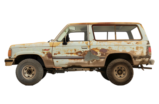 Vintage Rusty 1990s SUV with Missing Parts on Transparent Background
