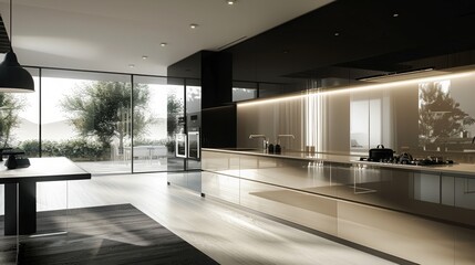 Spacious modern kitchen incorporating natural wood elements, large windows providing ample natural light, and a minimalistic design, perfect for a comfortable cooking environment.