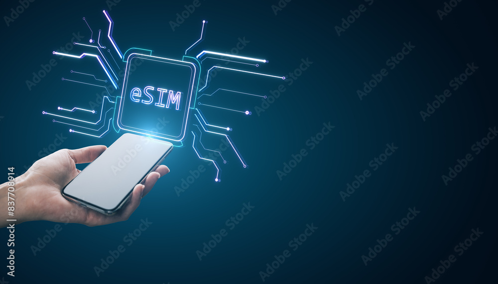 Poster close up of female hand holding cellphone with creative glowing esim hologram on blurry background w