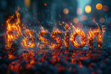 A digital typography of Passion with letters appearing as if they are burning from the inside out,