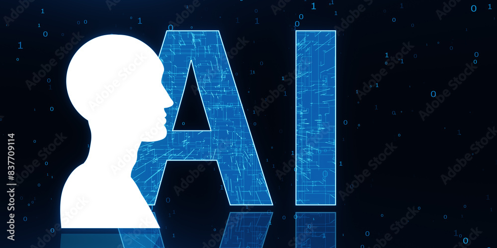Poster creative glowing AI head outline hologram on dark backdrop with binary coding. Artificial intelligence and technology concept. 3D Rendering.