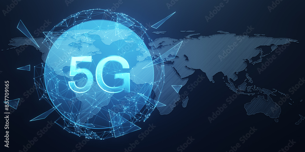 Poster Abstract polygonal globe with 5g internet hologram. Technology, data and future and mobile internet concept. 3D Rendering.