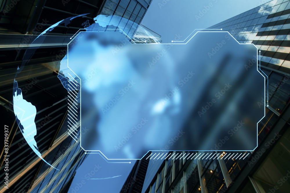 Poster Creative blue map folder with mock up place on blurry city background. Digital communication and network concept. Double exposure.