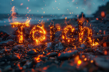 Torch in glowing typography, with a bright, fiery glow and digital sparks flying off the letters,