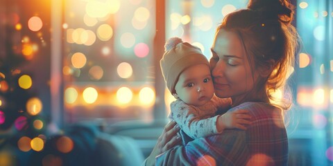 tender moment as a mother cradles her newborn baby in a hospital room with soft lighting in the background