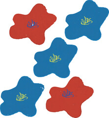 This vector illustration features a flower with five petals designed in vibrant blue and red colors. 