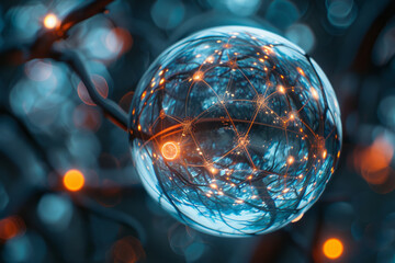 A detailed view of a sphere containing a complex lattice of interconnected fibers,