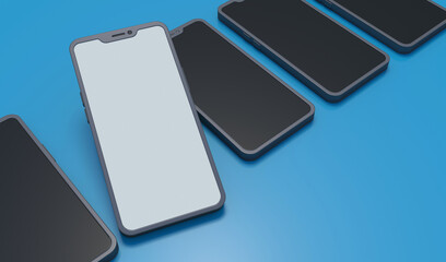 Smartphone with blank screen. Phones lined up on a blue background. The cell phone that stands out from the rest. 3D rendering.